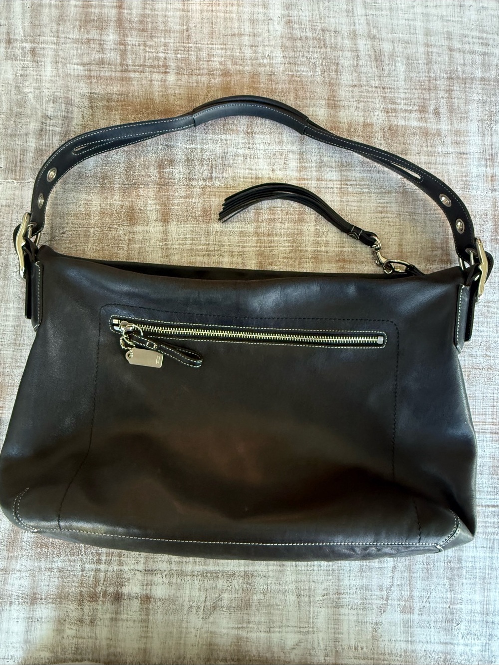 Coach Black Leather Shoulder Bag w/ White Stitching
